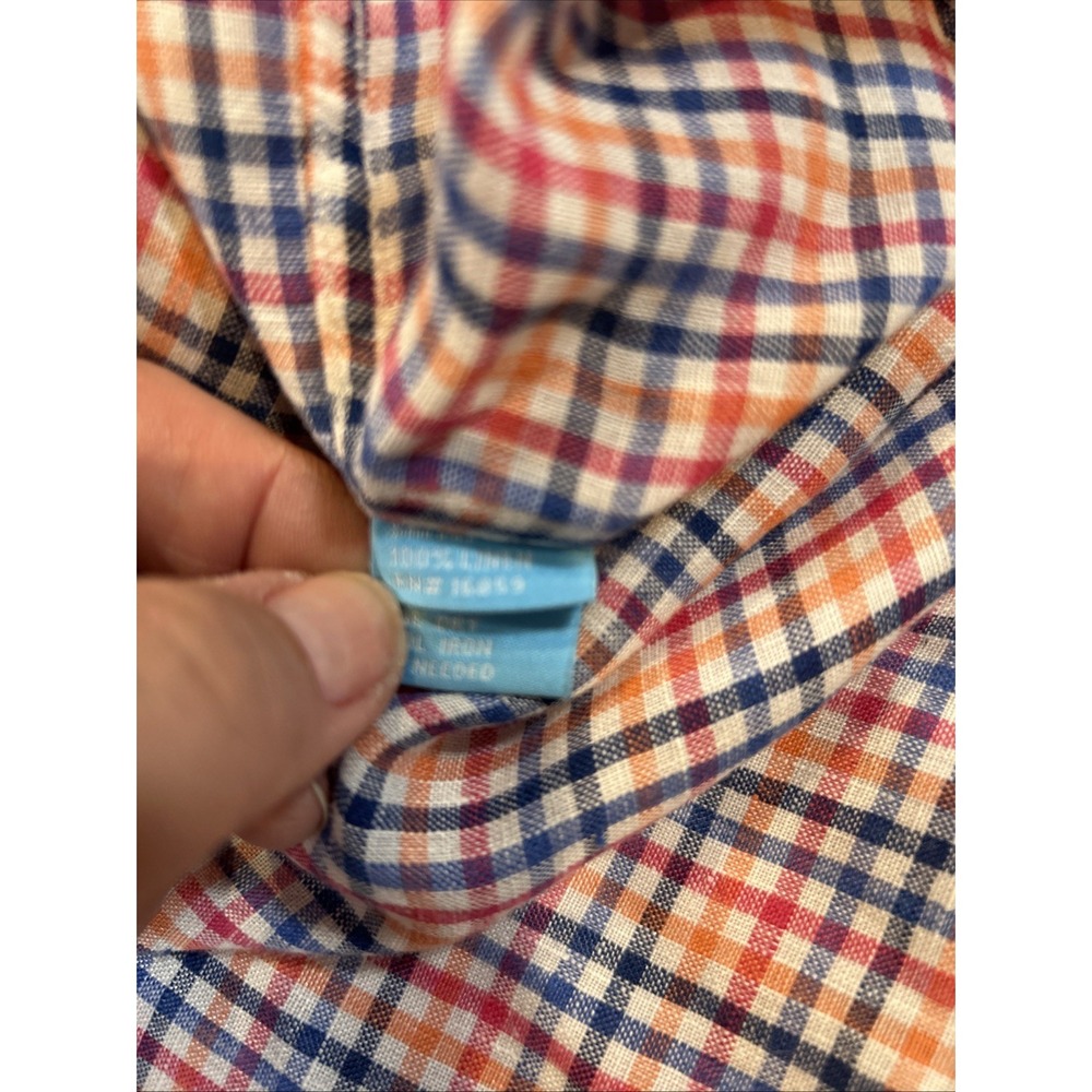 J. McLaughlin Men's Large Linen Blend Button Down Shirt Multi Color Plaid Preppy - Picture 6 of 7